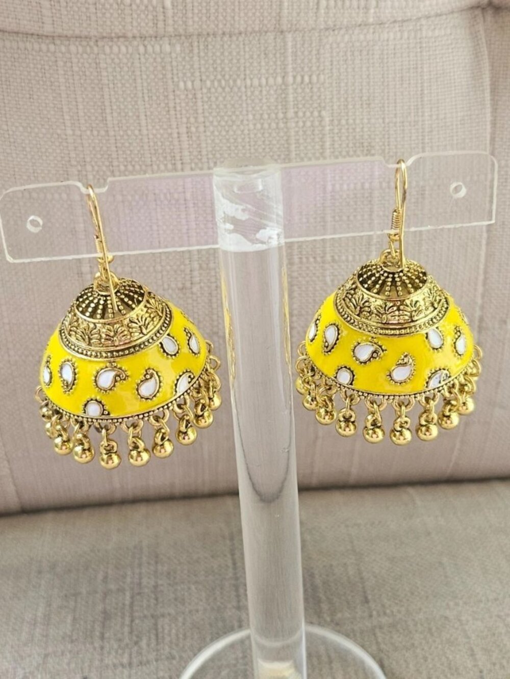 Jhumka Earrings Yellow Enamel Gold Tone Fashion Ear Jewelry Chandelier Earrings - Picture 3 of 11
